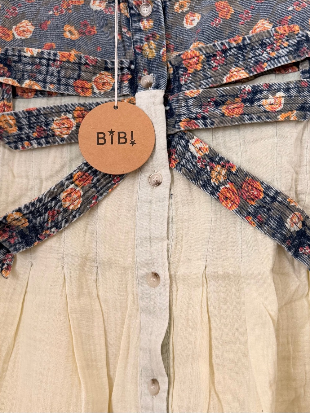 BiBi Cream Gauze Peasant Top with Denim Floral Bow Size S - Picture 5 of 5